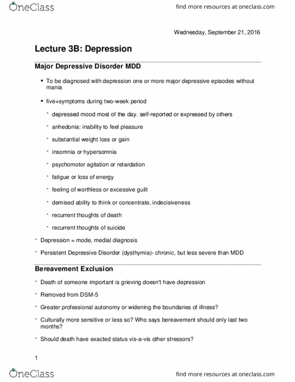 HLTHAGE 1CC3 Lecture Notes - Lecture 3: Major Depressive Disorder, Major Depressive Episode, Psychomotor Agitation thumbnail