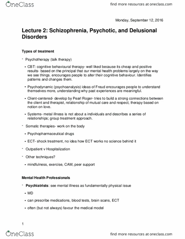 HLTHAGE 1CC3 Lecture Notes - Lecture 2: Delusional Disorder, Psychotherapy, Etiology thumbnail