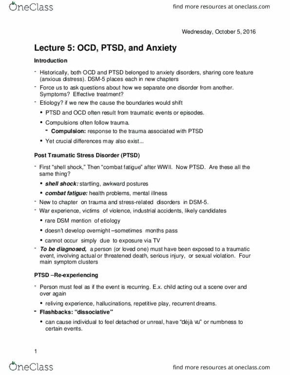 HLTHAGE 1CC3 Lecture Notes - Lecture 5: Combat Stress Reaction, Posttraumatic Stress Disorder, Anxiety Disorder thumbnail