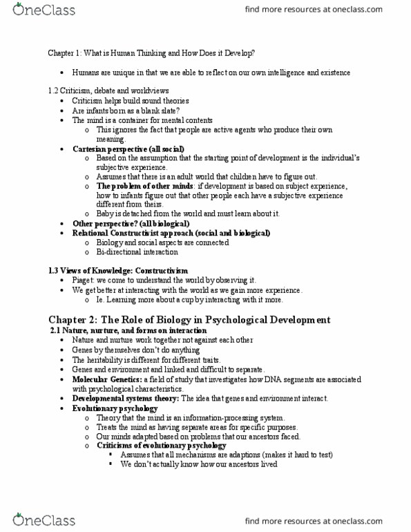 PSYC 354 Chapter Notes - Chapter 1-2: Developmental Systems Theory, Tabula Rasa, Heritability thumbnail