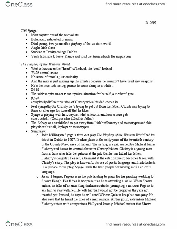 ENG 342RW Lecture Notes - Lecture 6: The Playboy, Aran Islands thumbnail