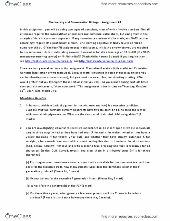 NATS 1940 Study Guide Fall 2018 Final Mendelian Inheritance