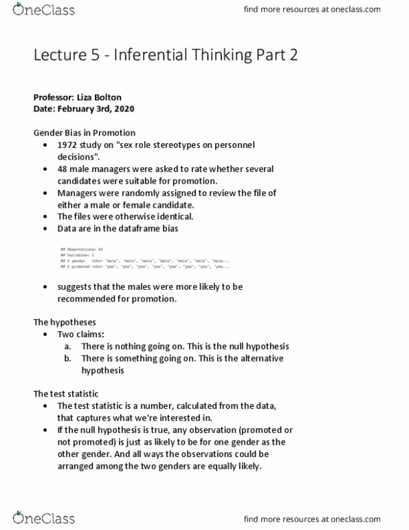 STA130H1 Lecture Notes - Lecture 5: Null Hypothesis, Test Statistic, Sleep Deprivation cover image