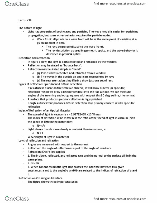 PHY 2020 Lecture Notes - Lecture 40: Specular Reflection, Diffuse Reflection, Geometrical Optics thumbnail