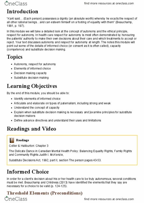 PHL 302 Lecture Notes - Lecture 5: Surrogate Decision-Maker, Advance Healthcare Directive, Decision-Making thumbnail