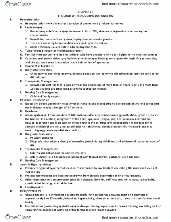 NUR 2462C Chapter Notes - Chapter Test 5: Congenital Hypothyroidism, Pituitary Adenoma, Hypogonadism thumbnail