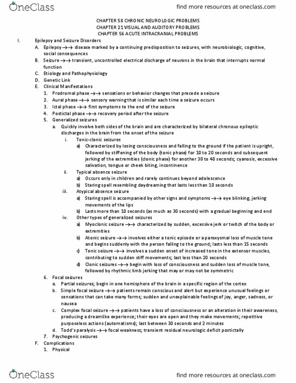 NUR 2462C Chapter Notes - Chapter Test 5: Myoclonus, Partial Seizure, Atonic Seizure thumbnail