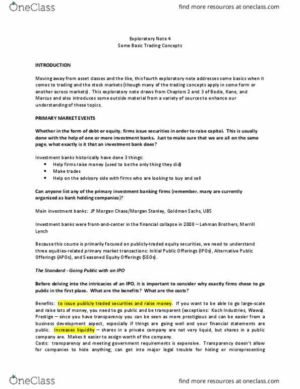 FINC314 Lecture Notes - Lecture 4: Initial Public Offering, Investment Banking, Financial Statement thumbnail