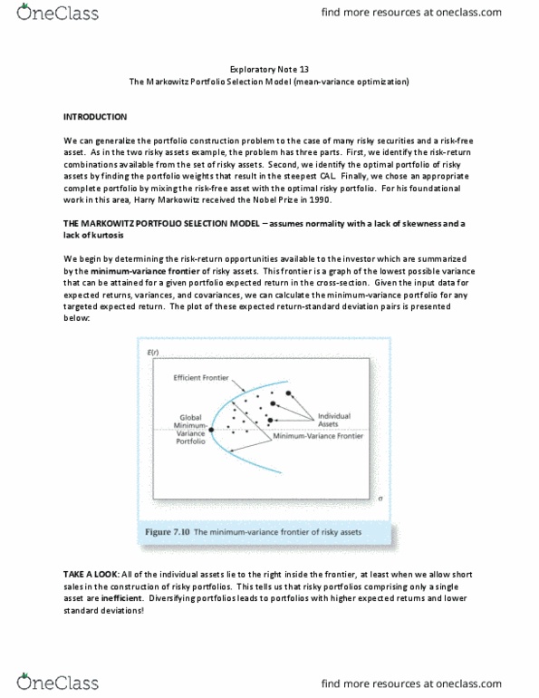 FINC314 Lecture Notes - Lecture 13: Harry Markowitz, Standard Deviation, Efficient Frontier thumbnail