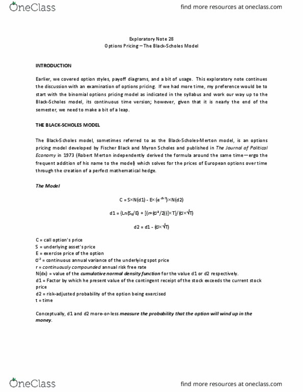 FINC314 Lecture Notes - Lecture 28: Binomial Options Pricing Model, Myron Scholes, Valuation Of Options thumbnail