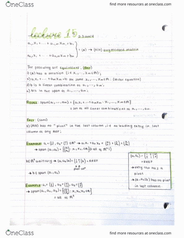 Mathematics 1600A/B Lecture Notes - Lecture 15: Linear Combination, Augmented Matrix, Free Variables And Bound Variables cover image