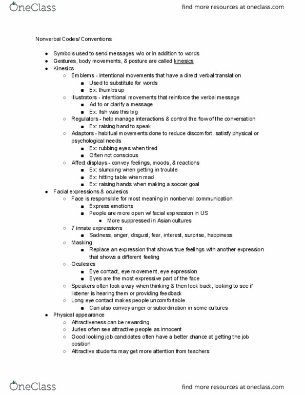 CMN 3 Lecture Notes - Lecture 4: Kinesics, Eye Contact, Chronemics thumbnail