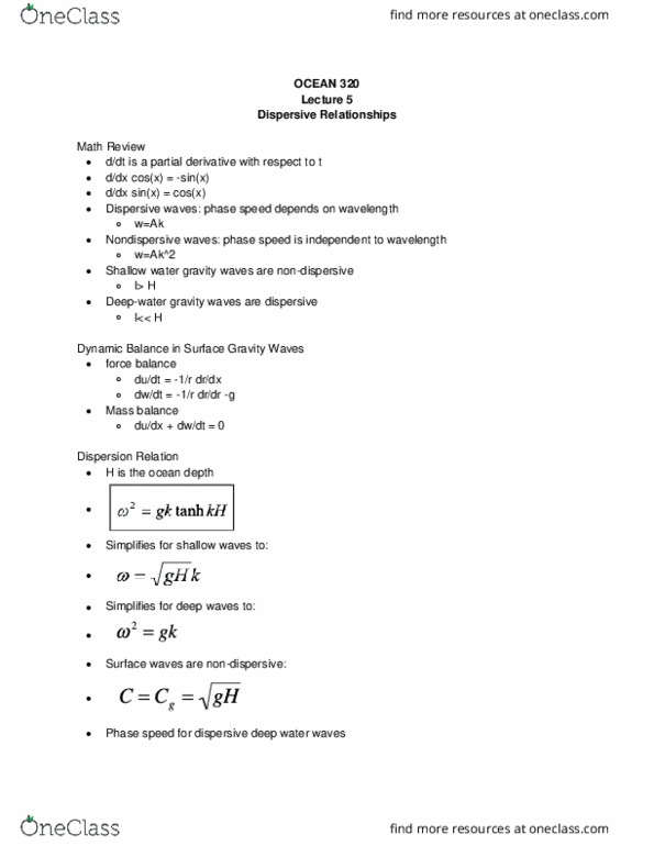 OCEAN 320 Lecture Notes - Lecture 5: Dispersion Relation, Wind Wave, Mass Balance thumbnail