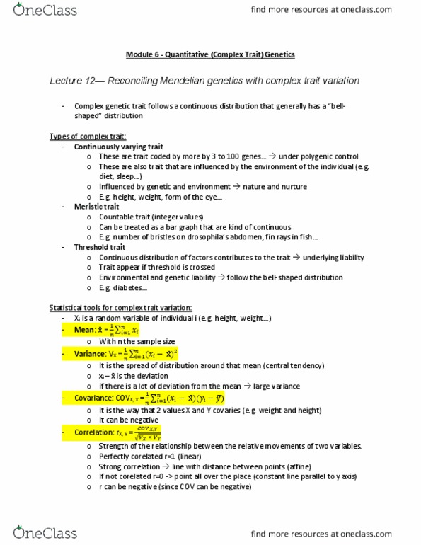 BIOL 202 Lecture Notes - Lecture 12: Probability Distribution, Mendelian Inheritance, Covariance thumbnail