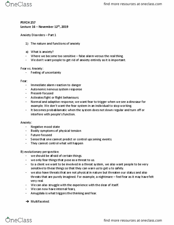 PSYCH257 Lecture Notes - Lecture 16: Autonomic Nervous System, Anxiety Disorder, Dsm-5 thumbnail