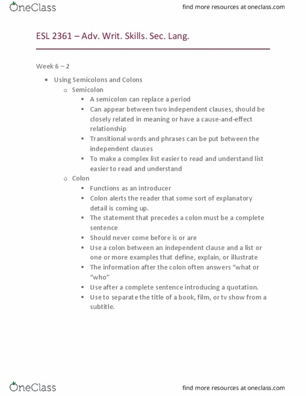 ESL 2361 Lecture Notes - Lecture 13: Independent Clause, Semicolon, Preposition And Postposition thumbnail