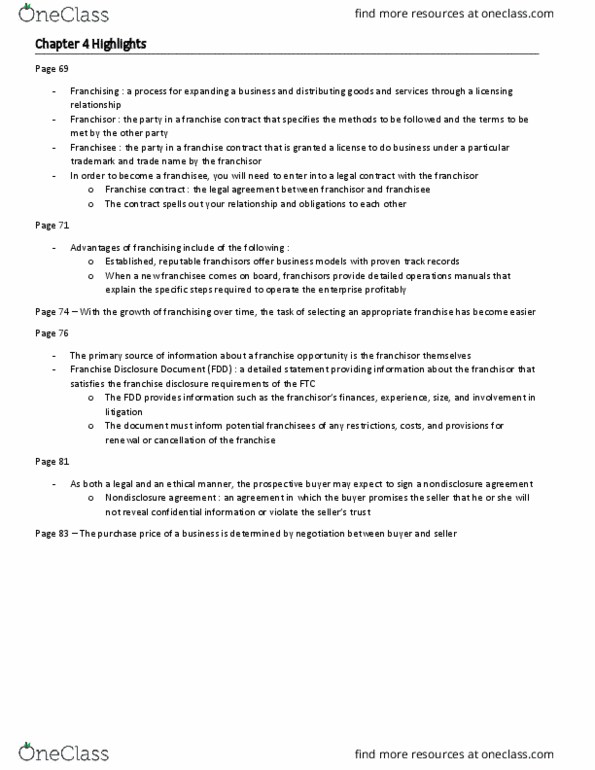 ENT 3315 Lecture Notes - Lecture 4: Franchise Disclosure Document, Non-Disclosure Agreement, The Purchase Price thumbnail