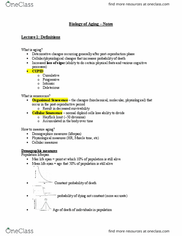 Biology 4355F/G Lecture Notes - Lecture 6: Life Expectancy, Hayflick Limit, Senescence thumbnail