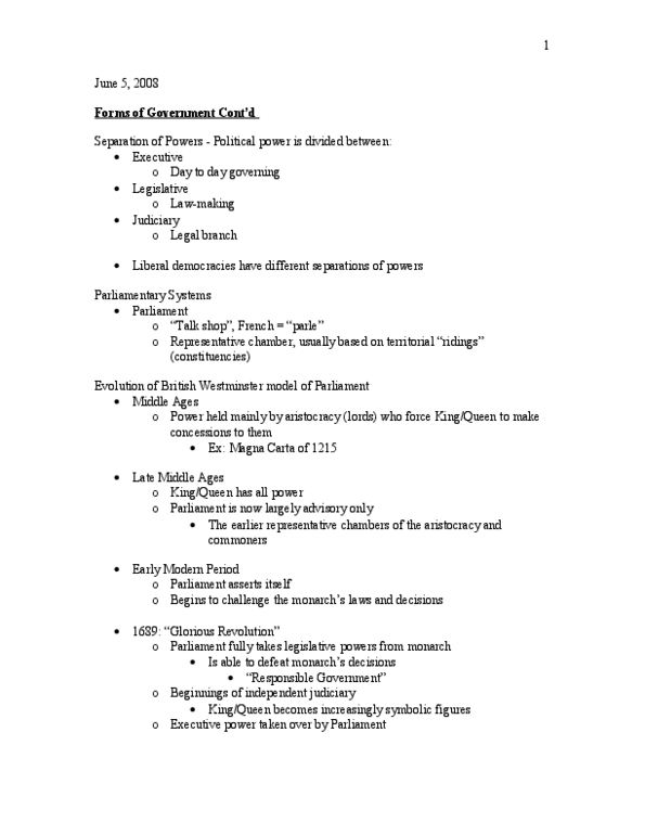 Political Science 1020E Lecture Notes - Westminster System, Party System, Responsible Government thumbnail