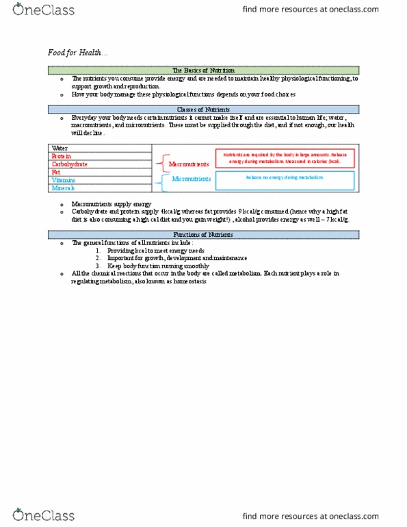 KIN275 Lecture Notes - Lecture 1: Carbohydrate, Homeostasis thumbnail