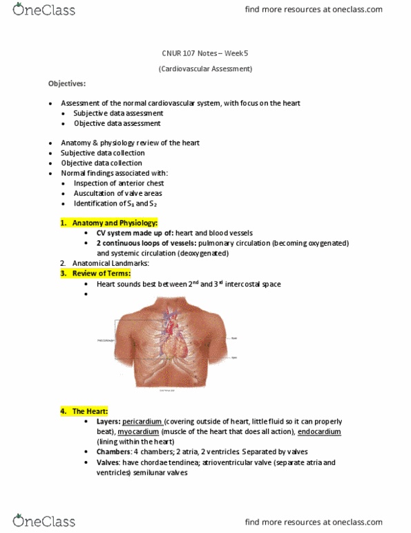 CNUR 107 Lecture Notes - Lecture 5: Heart Valve, Intercostal Space, Heart Sounds thumbnail