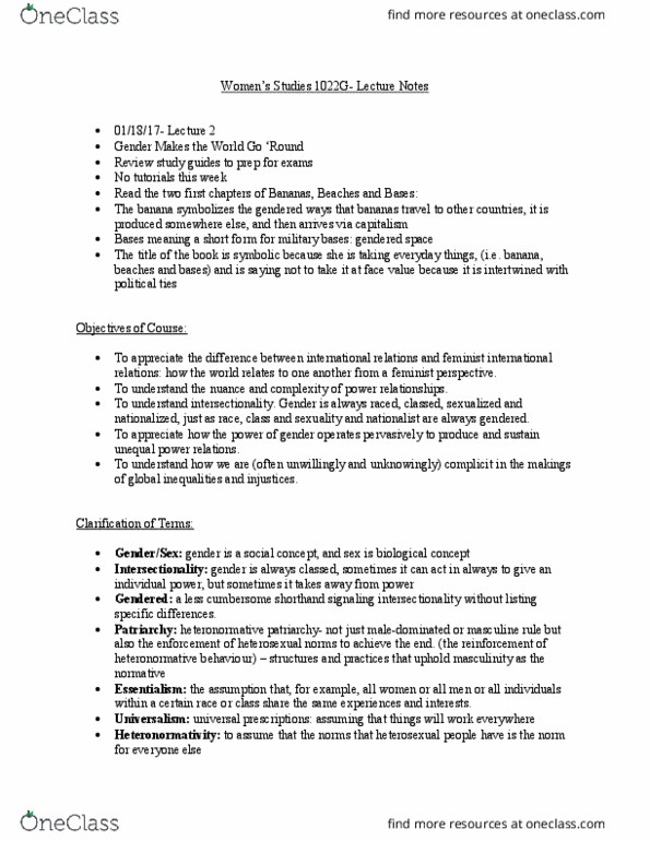 Women's Studies 1022F/G Lecture Notes - Lecture 2: Heteronormativity, Intersectionality, Essentialism thumbnail