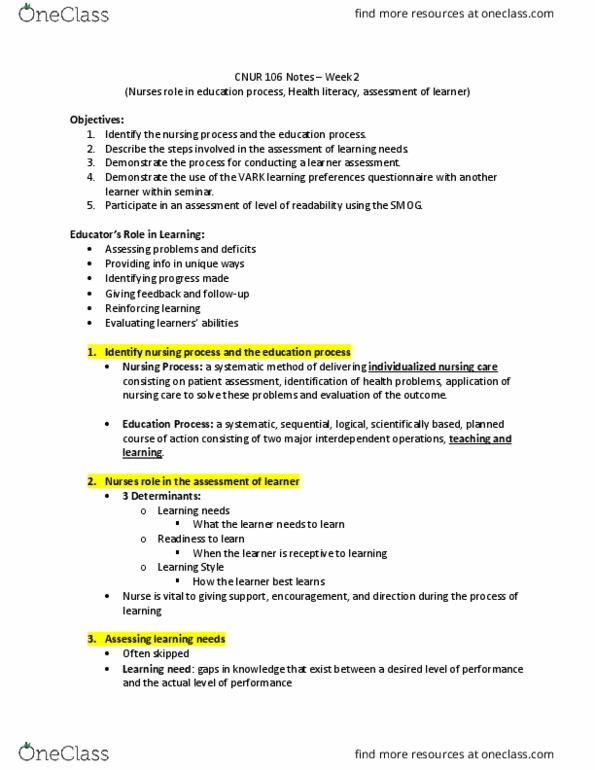 CNUR 106 Lecture Notes - Nursing Process, Health Literacy, Health Belief Model thumbnail