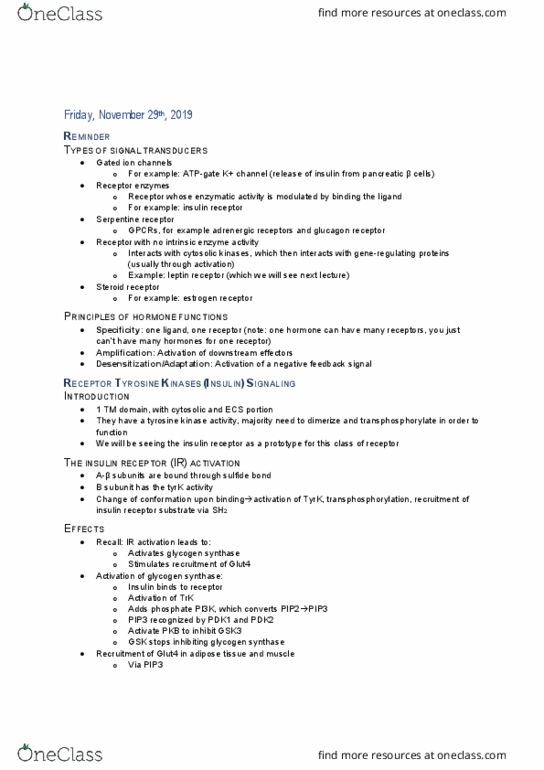 BIOC 311 Lecture Notes - Lecture 29: Insulin Receptor Substrate, Glycogen Synthase, Insulin Receptor thumbnail