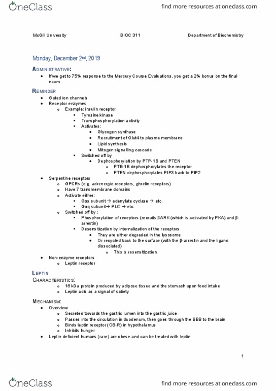 BIOC 311 Lecture Notes - Lecture 30: Leptin Receptor, Adenylyl Cyclase, Gastric Acid thumbnail