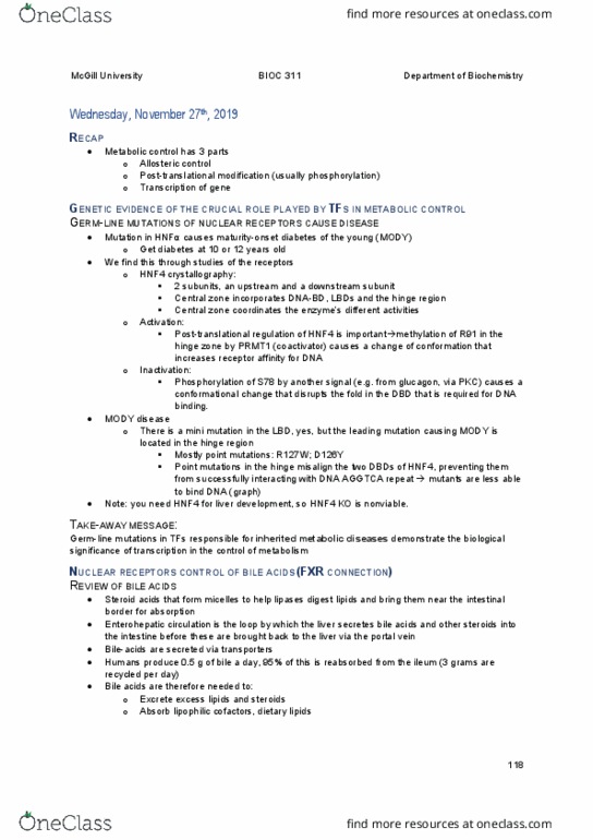 BIOC 311 Lecture Notes - Lecture 28: Hepatocyte Nuclear Factor 4, Enterohepatic Circulation, Post-Translational Modification thumbnail