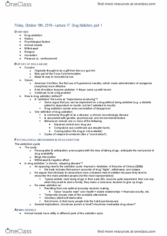 PHAR 562 Lecture Notes - Lecture 13: Addiction, Model Organism, Morphine thumbnail