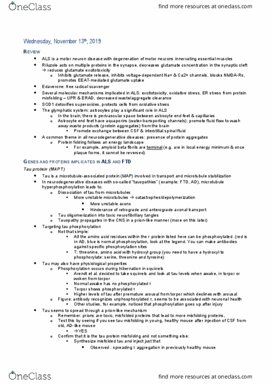 PHAR 562 Lecture Notes - Lecture 20: Motor Neuron Disease, Neurofibrillary Tangle, Tauopathy thumbnail