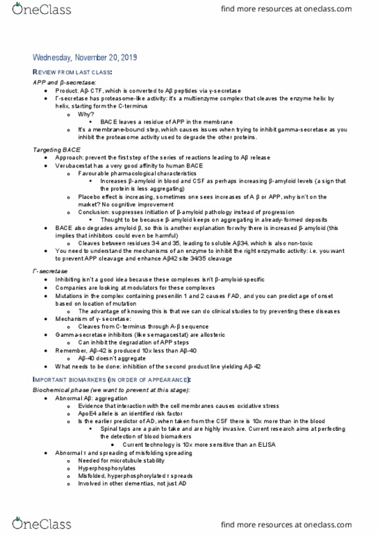 PHAR 562 Lecture Notes - Lecture 23: Amyloid Precursor Protein Secretase, Semagacestat, Psen1 thumbnail