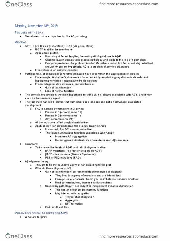 PHAR 562 Lecture Notes - Lecture 22: Amyloid Precursor Protein Secretase, Psen1, Presenilin thumbnail