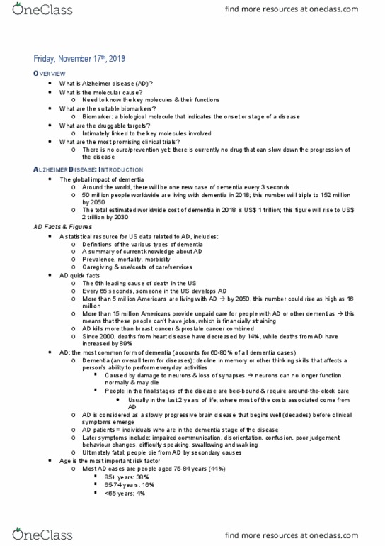 PHAR 562 Lecture Notes - Lecture 21: Prostate Cancer, Biomarker, Dementia thumbnail