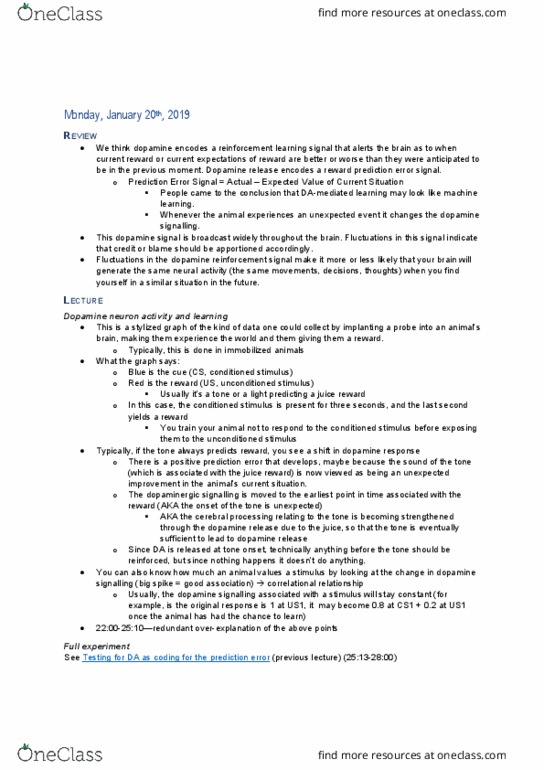 PSYC 318 Lecture Notes - Lecture 3: Classical Conditioning, Reinforcement Learning, Tyrosine Hydroxylase thumbnail