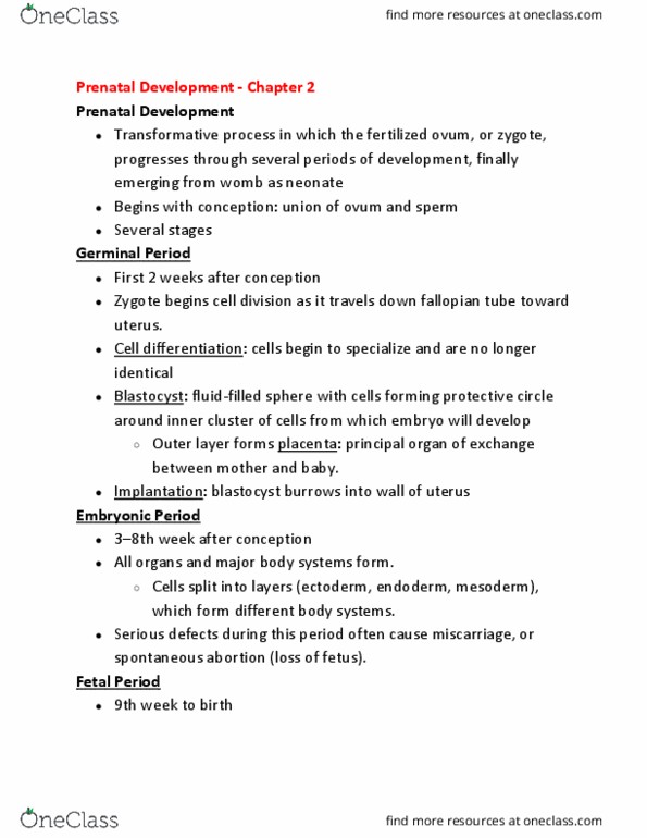 EPSY 100 Lecture Notes - Lecture 4: Prenatal Development, Miscarriage, Blastocyst thumbnail