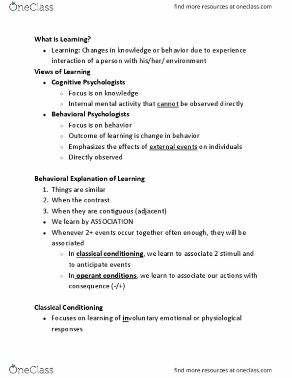 EPSY 255 Lecture Notes - Lecture 8: Classical Conditioning, Operant Conditioning thumbnail