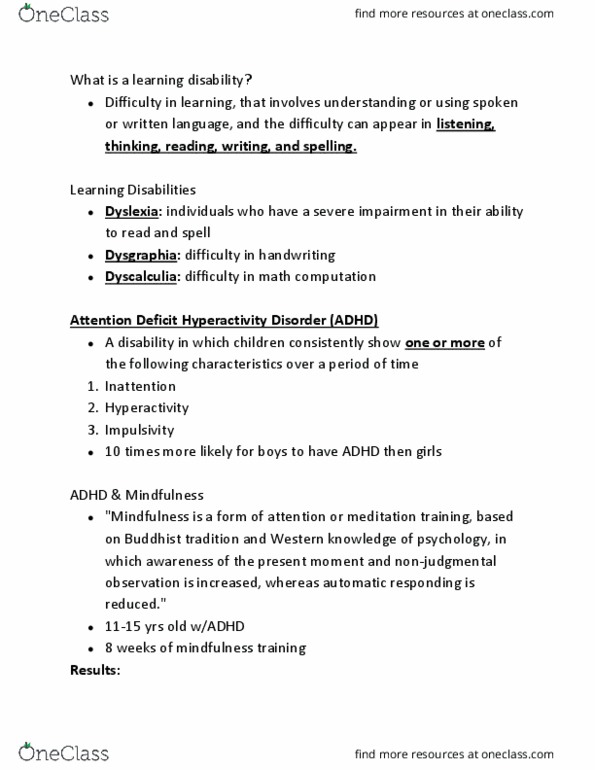 EPSY 255 Lecture Notes - Lecture 20: Attention Deficit Hyperactivity Disorder, Dysgraphia, Dyscalculia thumbnail