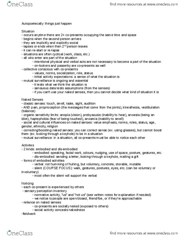 SOCI 2150 Lecture Notes - Lecture 2: Proprioception, Anosmia thumbnail