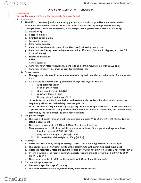 NUR 1211C Chapter Notes - Chapter Test 6: Low Birth Weight, Apgar Score, Gestational Age thumbnail