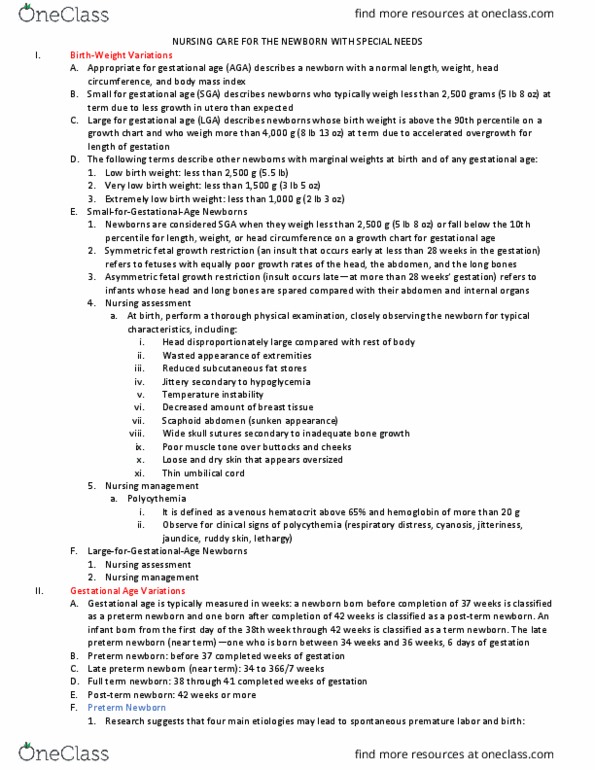 NUR 1211C Chapter Notes - Chapter Test 6: Intrauterine Growth Restriction, Low Birth Weight, Gestational Age thumbnail