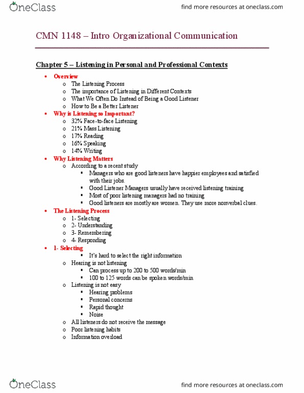 CMN 1148 Lecture Notes - Lecture 5: Information Overload, Organizational Communication, Active Listening thumbnail