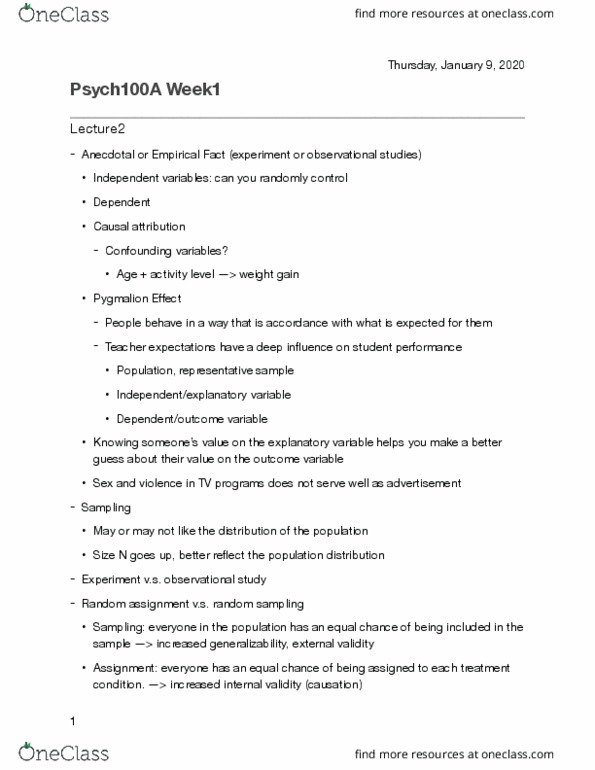 PSYCH 100A Lecture Notes - Lecture 1: Dependent And Independent Variables, Random Assignment, Internal Validity thumbnail