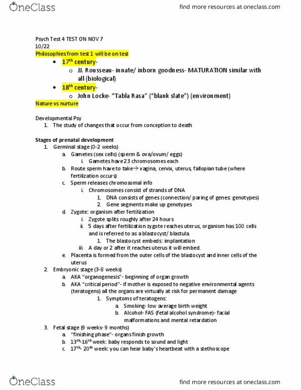 PSYC 2013 Lecture Notes - Lecture 4: Fetal Alcohol Spectrum Disorder, Tabula Rasa, Blastocyst thumbnail