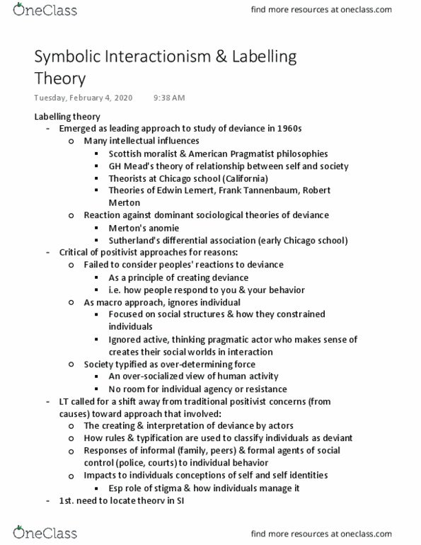 SOCIOL 2CC3 Lecture Notes - Lecture 4: Frank Tannenbaum, Symbolic Interactionism, Labeling Theory thumbnail
