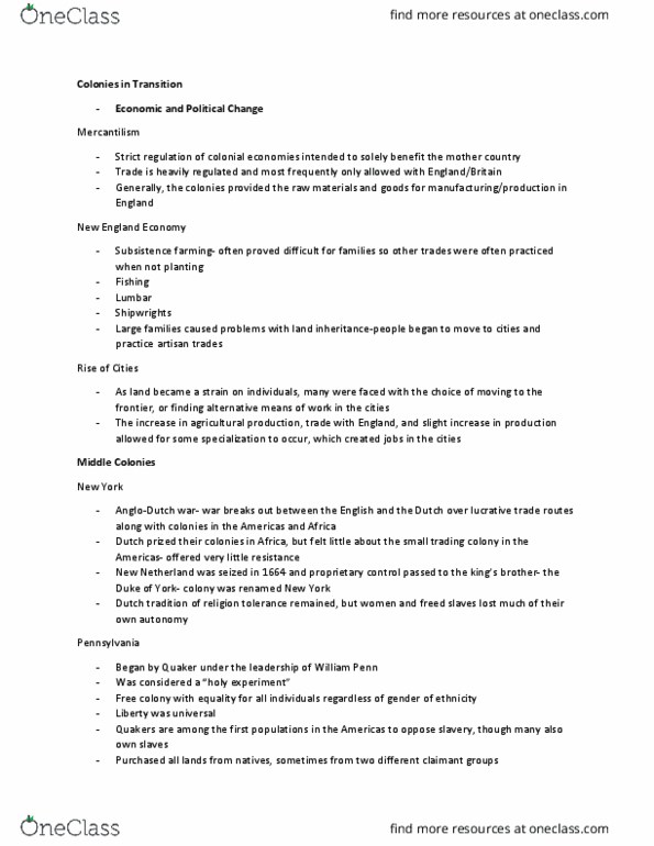 HIST 190 Lecture Notes - Lecture 6: Holy Experiment, Middle Colonies, English Language In England thumbnail