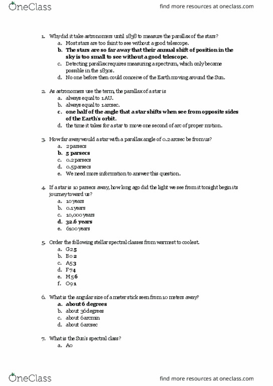 Ast 104 Study Guide Spring Quiz Parsec Minute And Second Of Arc Proper Motion