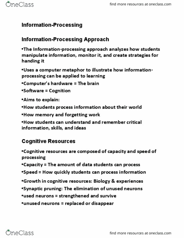 EPSY 210 Lecture Notes - Lecture 11: Synaptic Pruning, Working Memory, Automaticity thumbnail