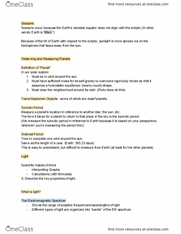 SCI 1000C Lecture Notes - Lecture 5: Orbital Period, Electromagnetic Spectrum, Celestial Equator thumbnail